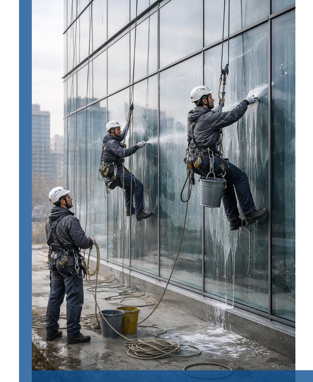 Промышленная мойка панорамных окон на высоте в Красноуфимске