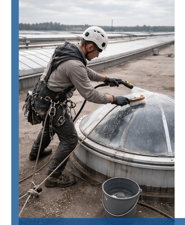 Мойка зенитных фонарей на кровле для промышленных объектов в Красноуфимске