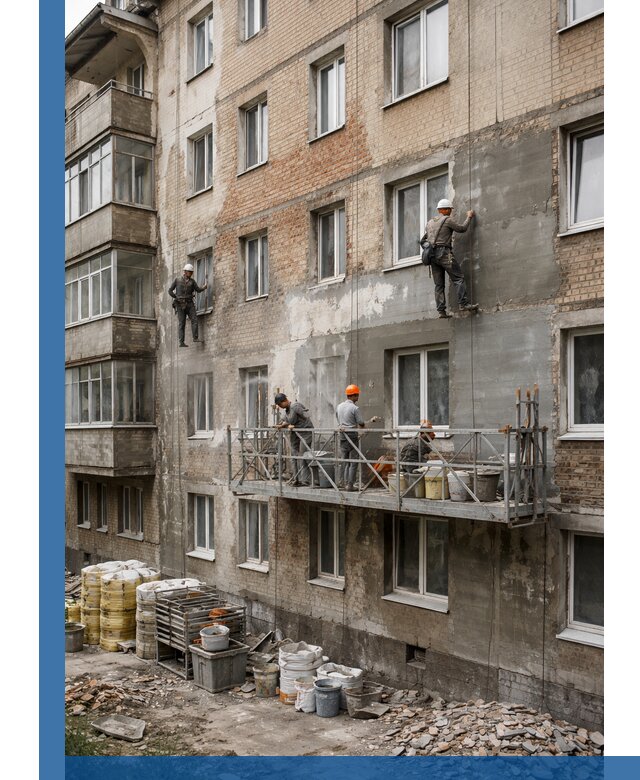 Капитальный ремонт фасада в Красноуфимске с восстановлением и гидроизоляцией