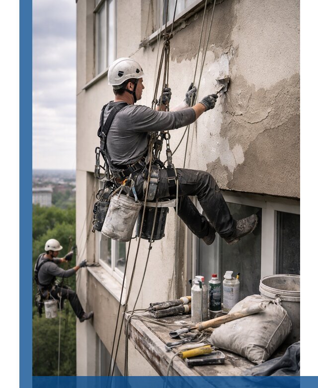 Косметический ремонт фасада зданий в Красноуфимске промышленными альпинистами