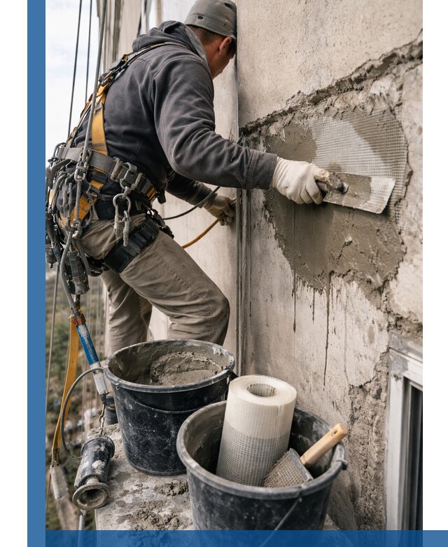 Ремонт бетонных элементов фасада промышленными альпинистами в Красноуфимске