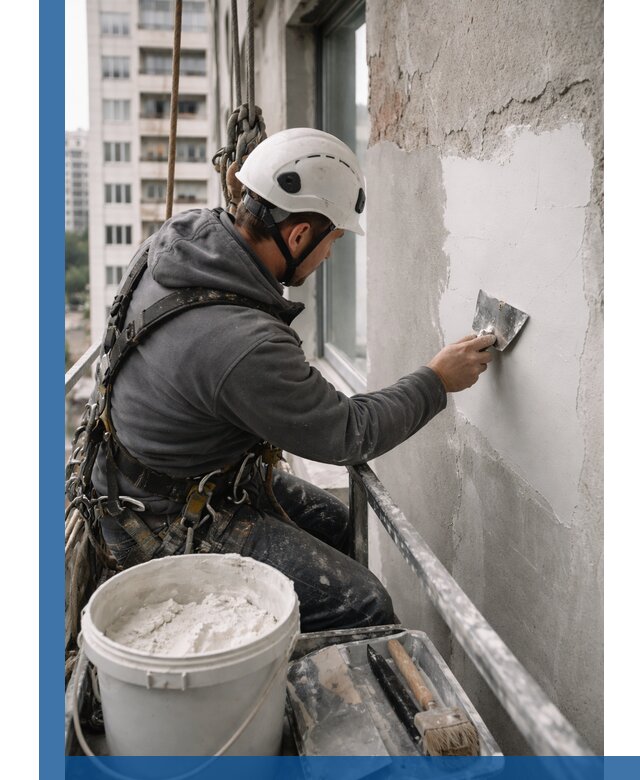 Шпаклевка фасадов на высоте с промальпинистами в Красноуфимске