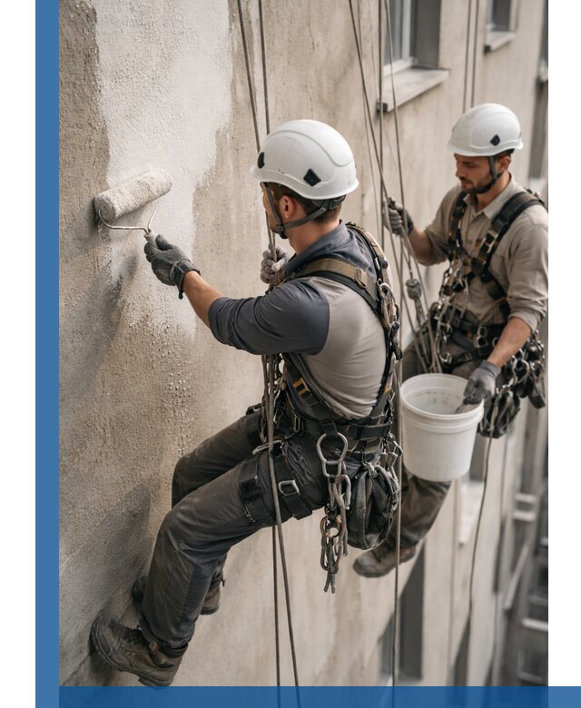 Грунтовка фасада на высоте в Красноуфимске промышленными альпинистами