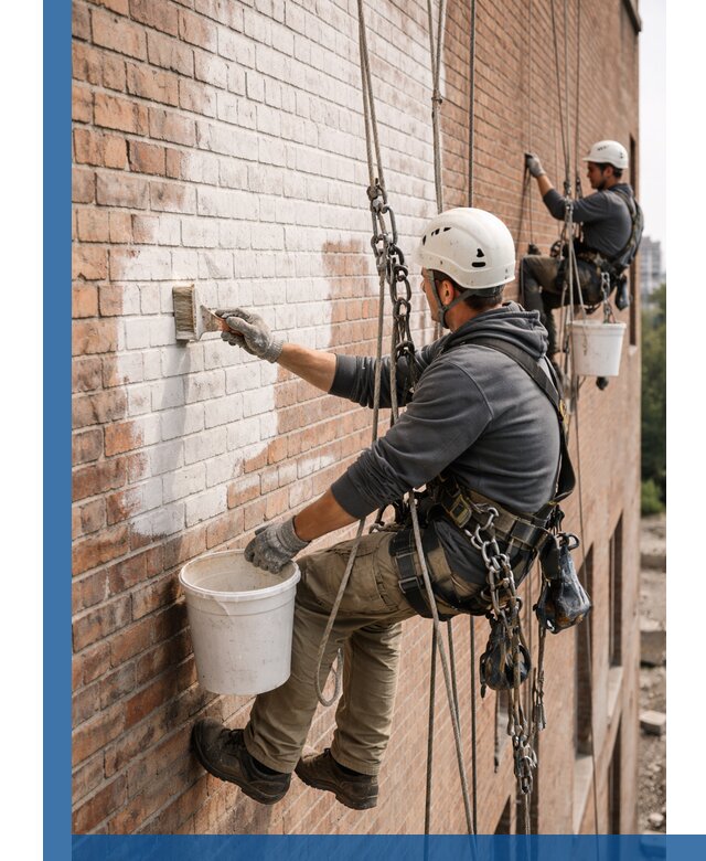 Покраска кирпичного фасада с доступным альпинистским сервисом в Красноуфимске