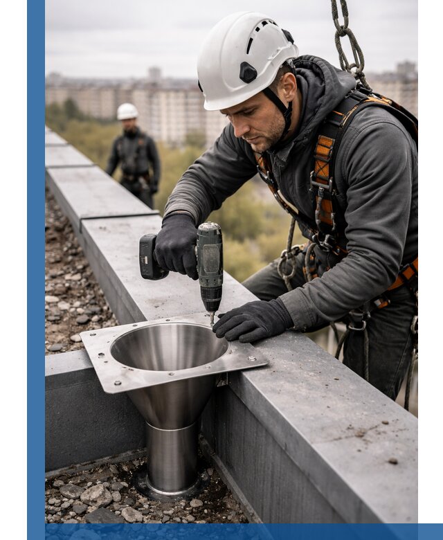 Монтаж водосточных воронок в Красноуфимске для промышленных зданий