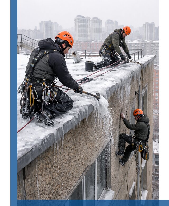 Удаление наледи с кровли в Красноуфимске промышленными альпинистами