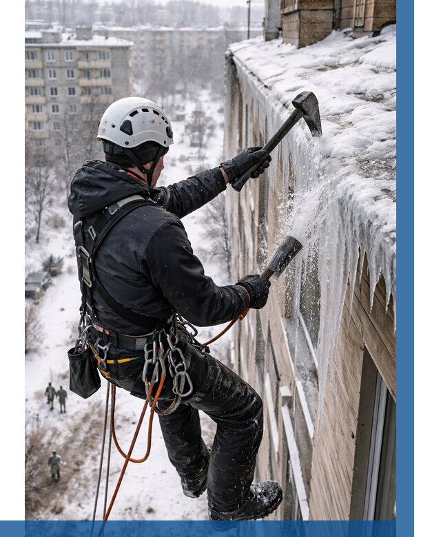 Сбивание сосулек с крыши в Красноуфимске по цене от 4571 р. | ВЫСОТНИК-Крф