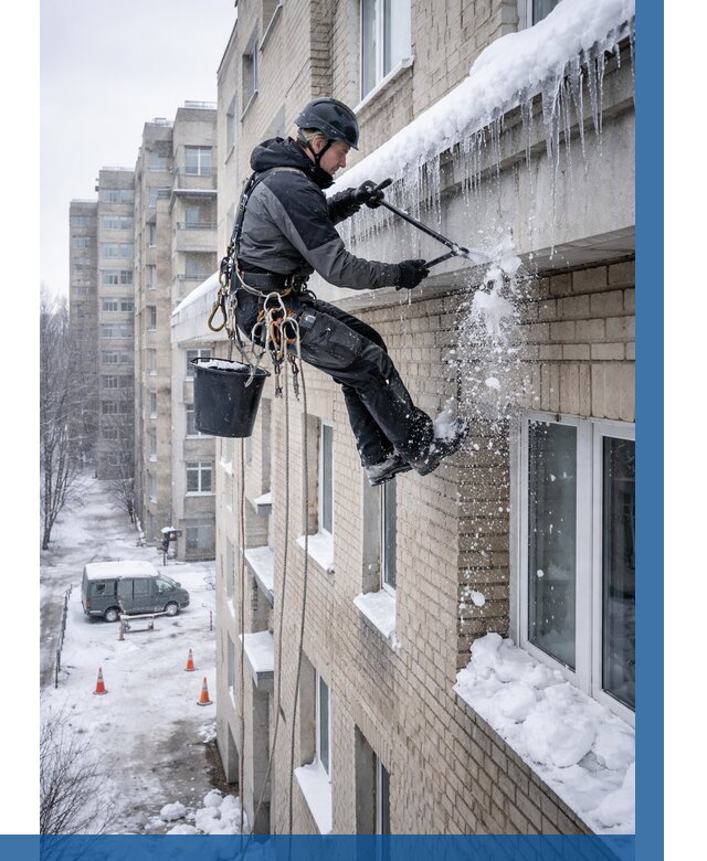 Удаление наледи с карнизов в Красноуфимске от 355 р. | ВЫСОТНИК-Крф