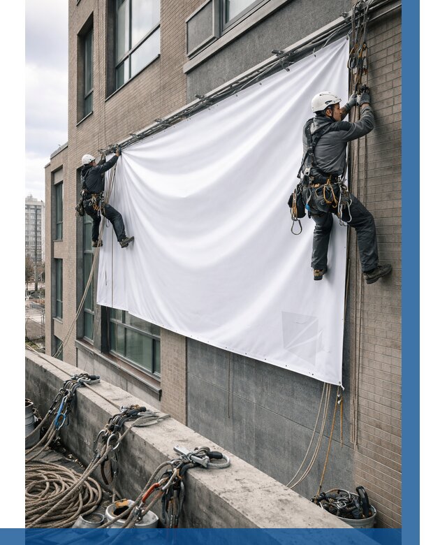 Монтаж баннеров на фасаде в Красноуфимске от 660 р. заказать ВЫСОТНИК-Крф