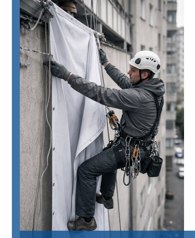 Замена баннерного полотна промышленными альпинистами в Красноуфимске