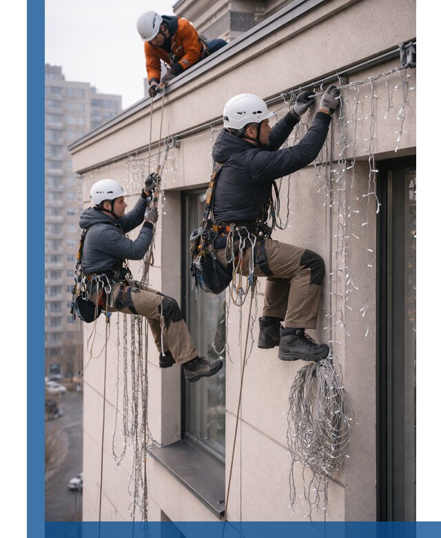 Монтаж праздничных гирлянд на фасаде в Красноуфимске для зданий