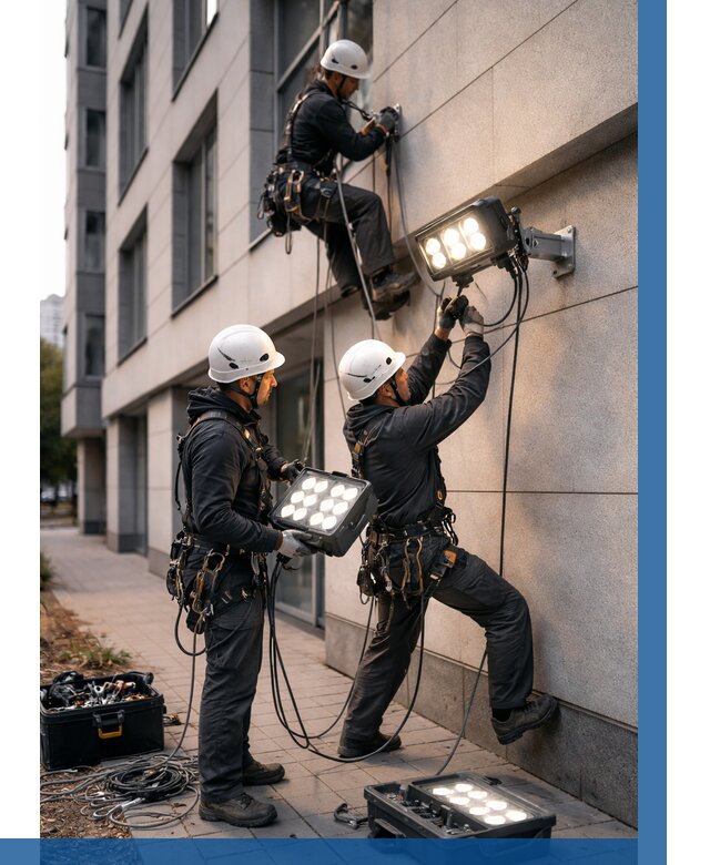 Монтаж прожекторов на фасаде в Красноуфимске от 7618 р. | ВЫСОТНИК-Крф