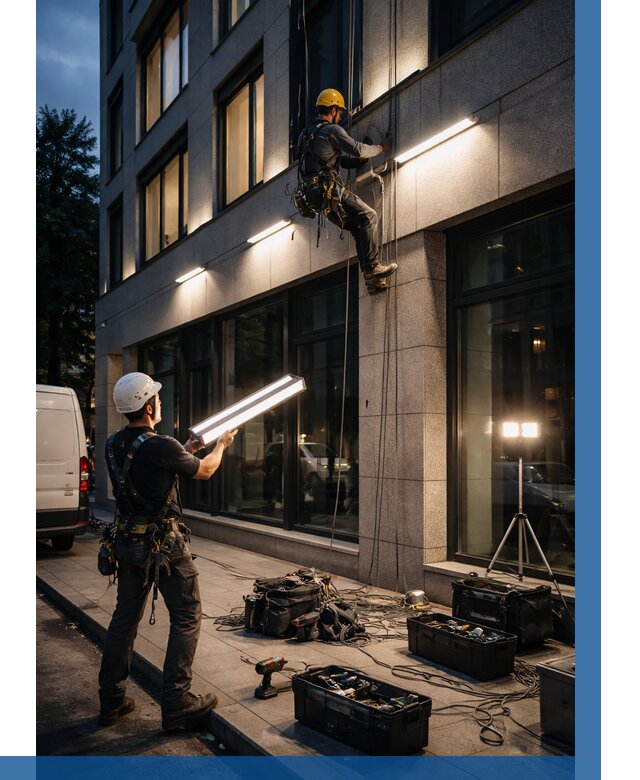 Монтаж архитектурной подсветки здания в Красноуфимске от 2539 р.|ВЫСОТНИК-Крф