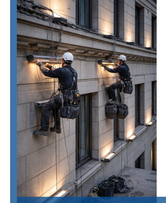 Монтаж архитектурной подсветки фасадов зданий в Красноуфимске