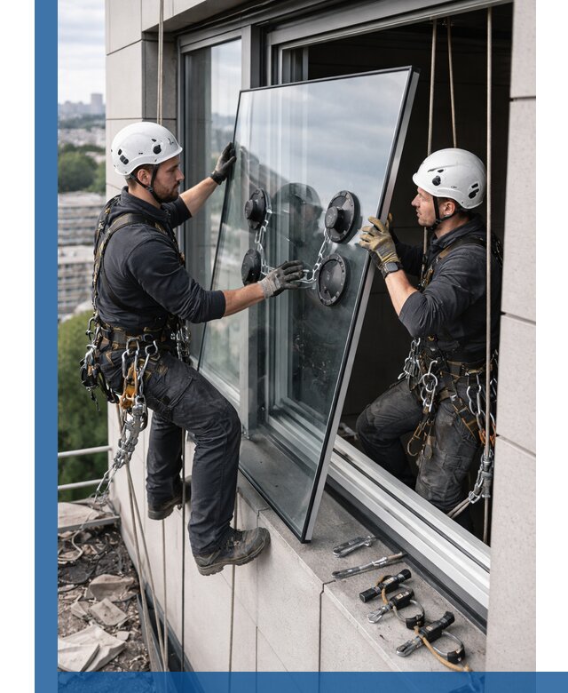Замена стеклопакетов на высоте с промышленными альпинистами в Красноуфимске