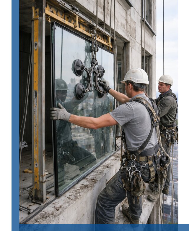 Монтаж стеклопакетов на высоте в Красноуфимске с промышленным альпинизмом