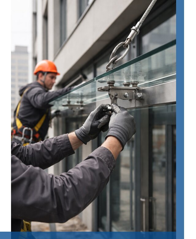 Монтаж стеклянных козырьков в Красноуфимске от 8633 р. | ВЫСОТНИК-Крф