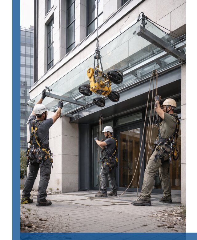 Монтаж стеклянных козырьков под ключ в Красноуфимске для зданий