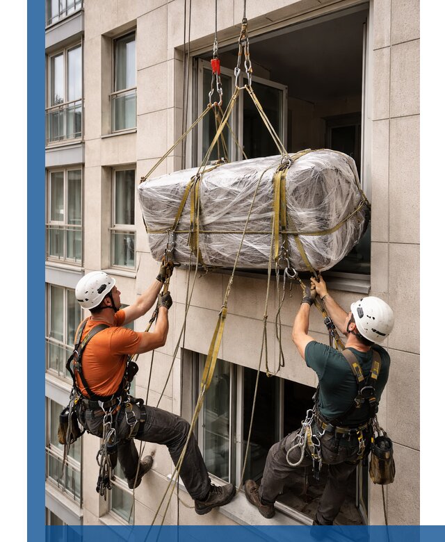 Подъем грузов через окно в Красноуфимске промышленными альпинистами