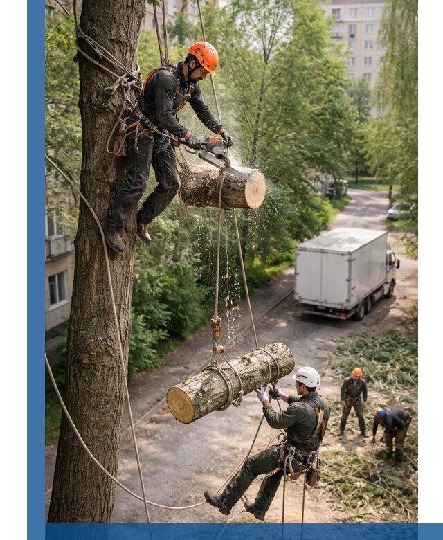 Спил деревьев альпинистами в Красноуфимске, безопасно и без повреждений
